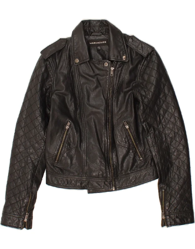 Earthy Tones WAREHOUSE Womens Leather Jacket UK 10 Small Black Leather Biker