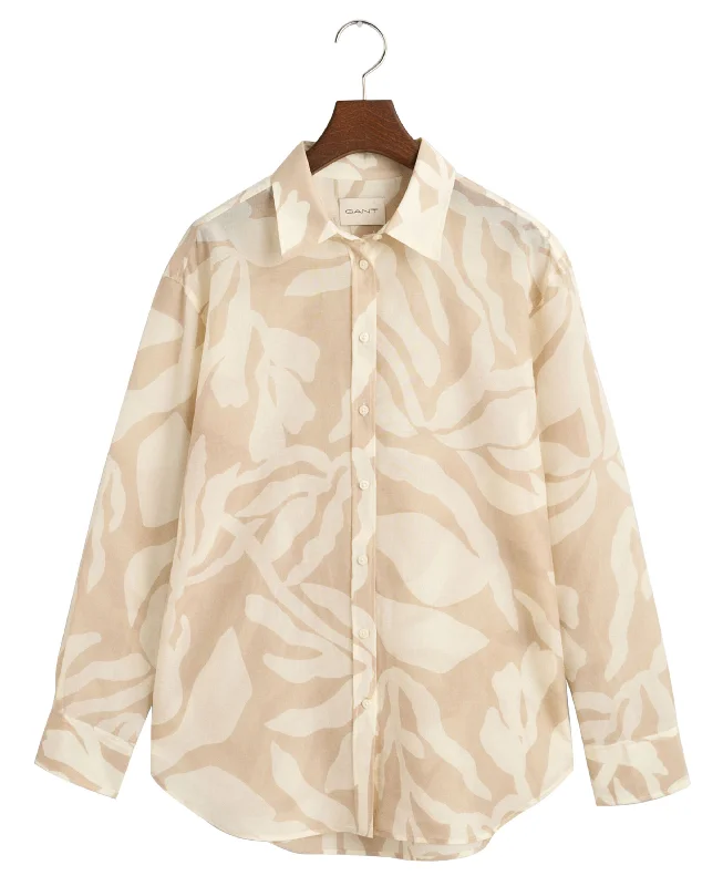 Women's Classic Attire Relaxed Fit Palm Print Cotton Silk Shirt - Dry Sand