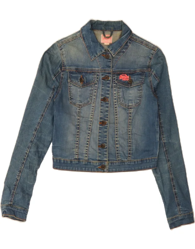 Shop Ladies Clothes SUPERDRY Womens Crop Denim Jacket UK 10 Small Blue Cotton