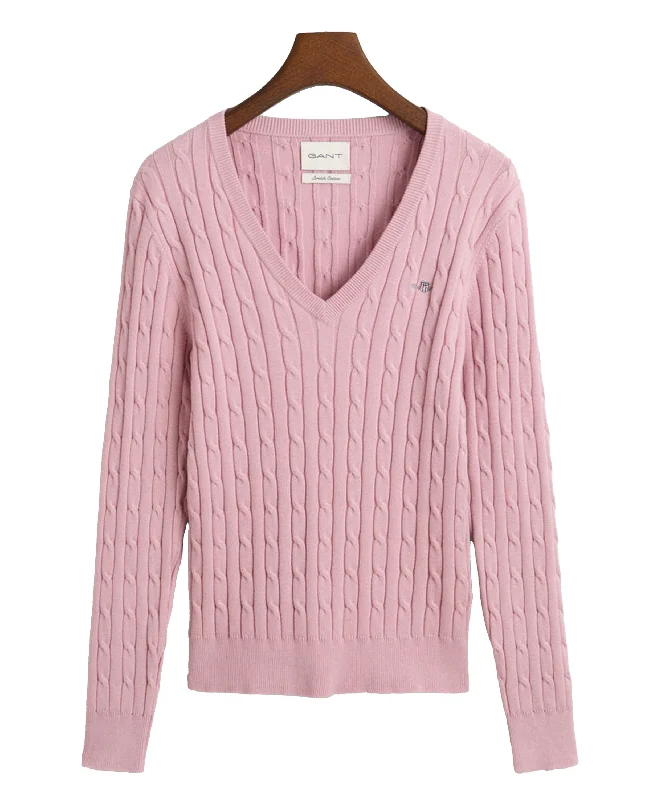 Women's Plus-Size Apparel Stretch Cotton Cable V-Neck Sweater - Dusty Pink