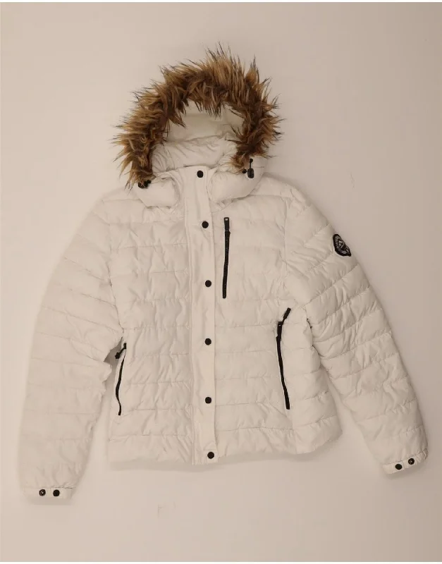 Women's Vintage Attire SUPERDRY Womens Hooded Padded Jacket UK 14 Medium  White Polyester