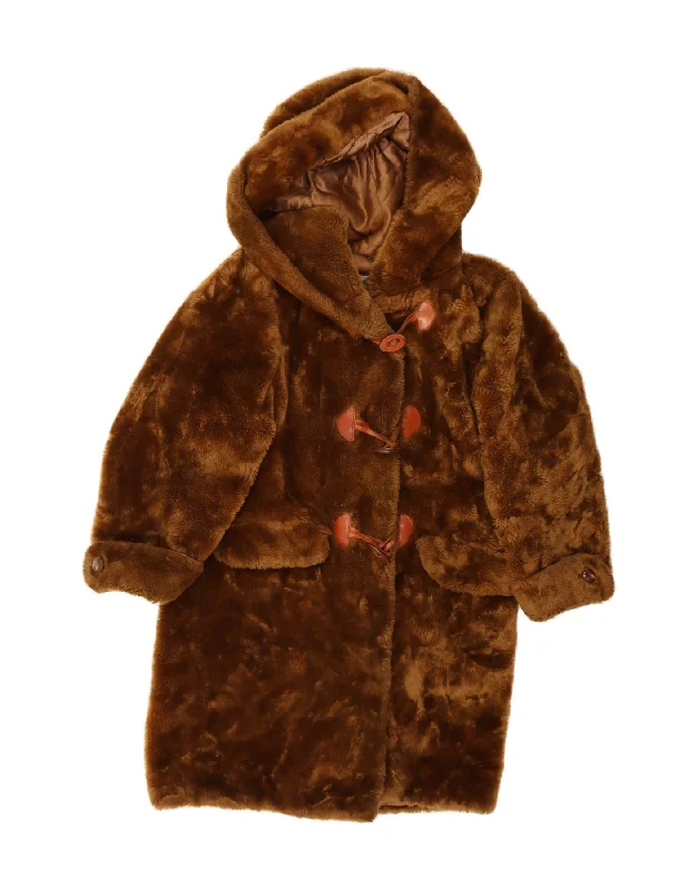 Casual Attire For Women VINTAGE Womens Hooded Faux Fur Duffle Coat UK 10 Small Brown Acrylic