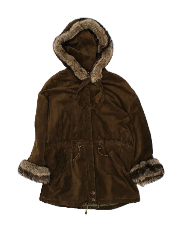 Chic Women's Clothing VINTAGE Womens Hooded Suede Overcoat IT 48 XL Khaki Leather