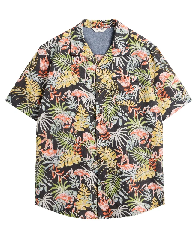 Modern Women's Fashion with Vintage Touches Flamingo Printed Shirt - Black Print