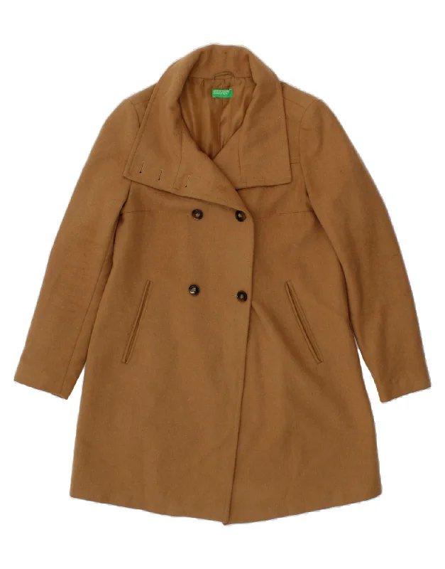 Women's Vacation Clothes BENETTON Womens Double Breasted Overcoat IT 42 Medium Beige Wool