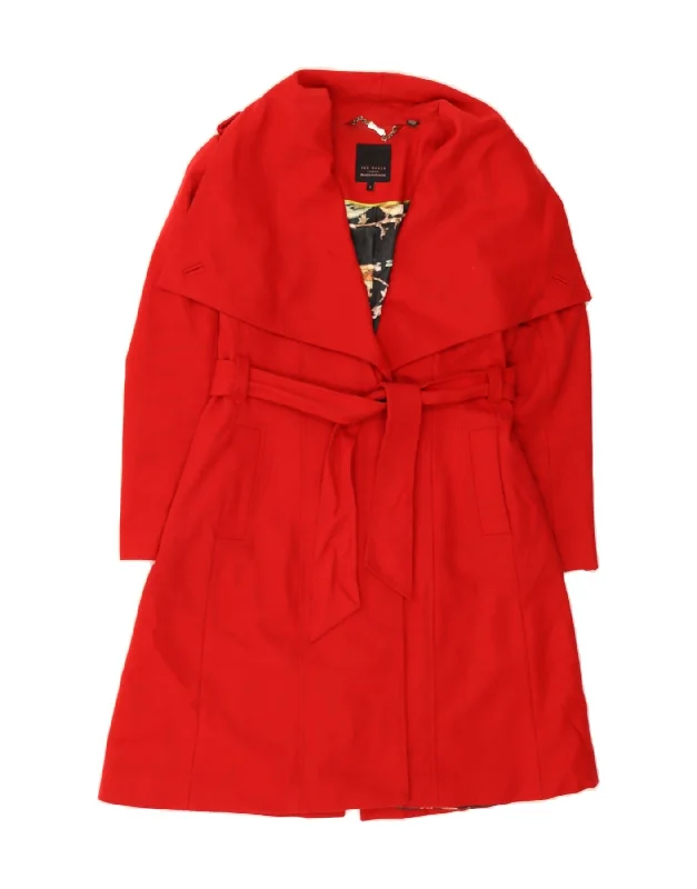 City Fashion TED BAKER Womens Belted Overcoat Size 3 Medium Red Virgin Wool