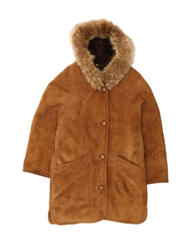 Fashionable Women's Clothing VINTAGE Womens Hooded Shearling Coat EU 42 Large Brown