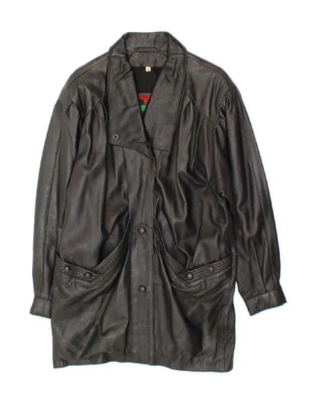 Chic Casual Style VINTAGE Womens Oversized Leather Coat UK 10 Small Black Leather