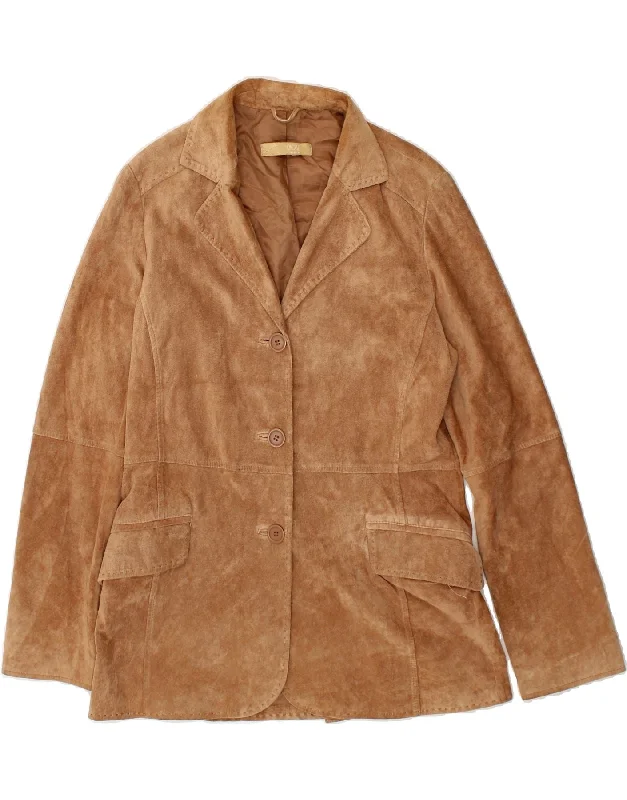 Clothes Women VINTAGE Womens Suede 3 Button Blazer Jacket UK 12 Medium Brown Leather