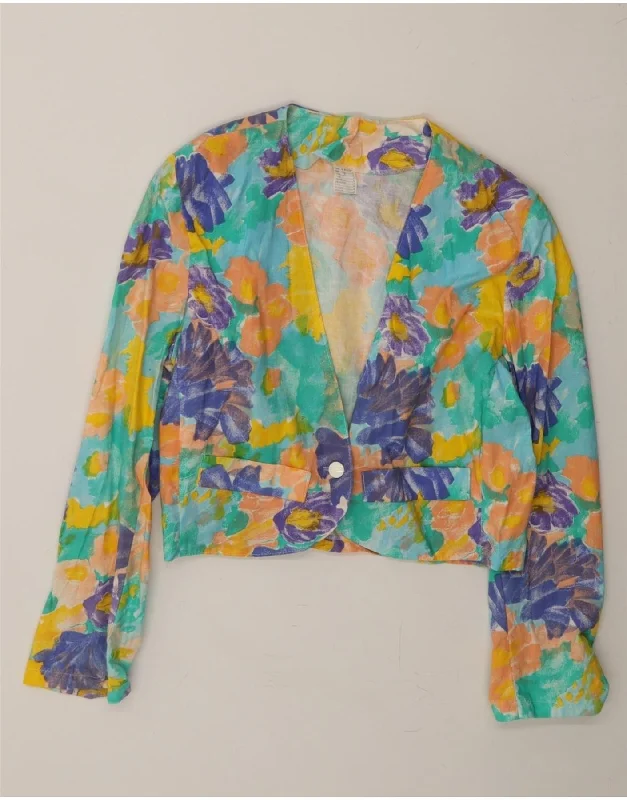 VIP Member Discount VINTAGE Womens Crop 1 Button Blazer Jacket UK 14 Medium Blue Floral Cotton
