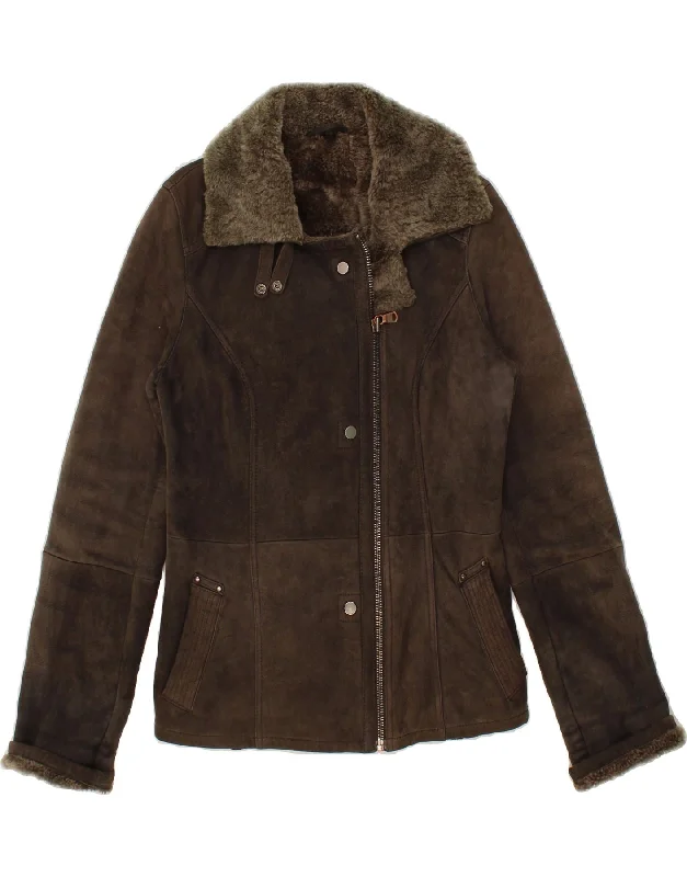 Online Boutique Stores VINTAGE Womens Shearling Jacket UK 14 Medium Brown Leather