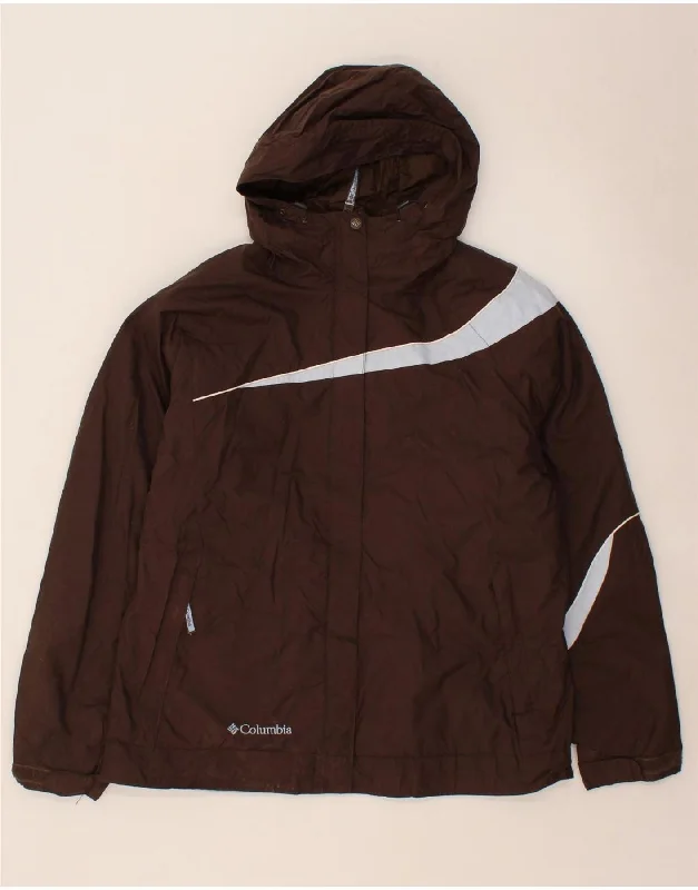 Preppy Style COLUMBIA Womens Hooded Rain Jacket UK 16 Large Brown Colourblock Nylon