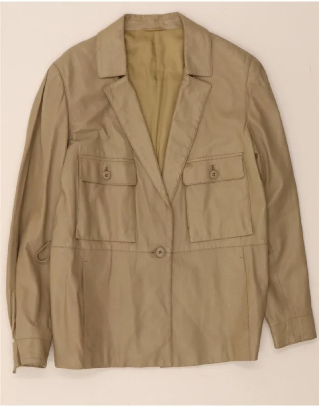 Outfits For Girls VINTAGE Womens Leather 1 Button Blazer Jacket UK 14 Large Beige Leather
