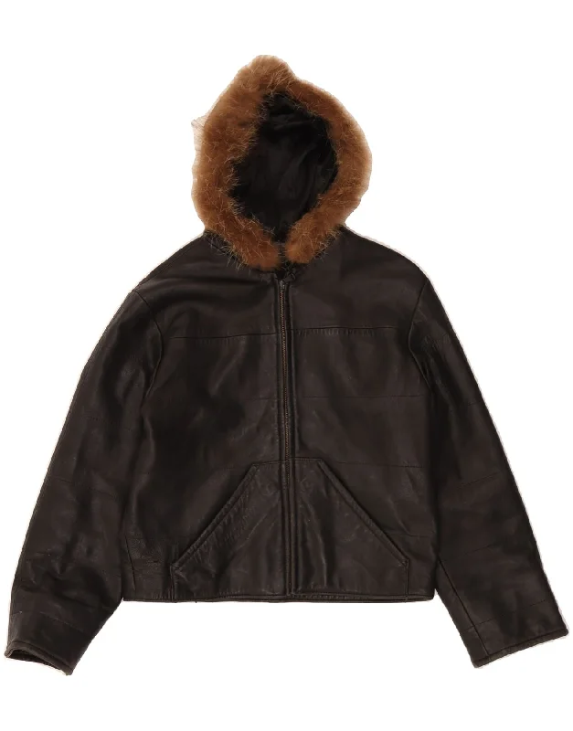 Women's Versatile Apparel VINTAGE Womens Crop Hooded Leather Jacket UK 10 Small Black Leather