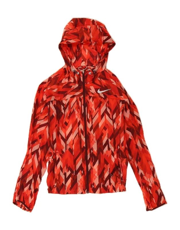 End Of Season Sale Clothing NIKE Womens Hooded Rain Jacket UK 6 XS Red Geometric Nylon