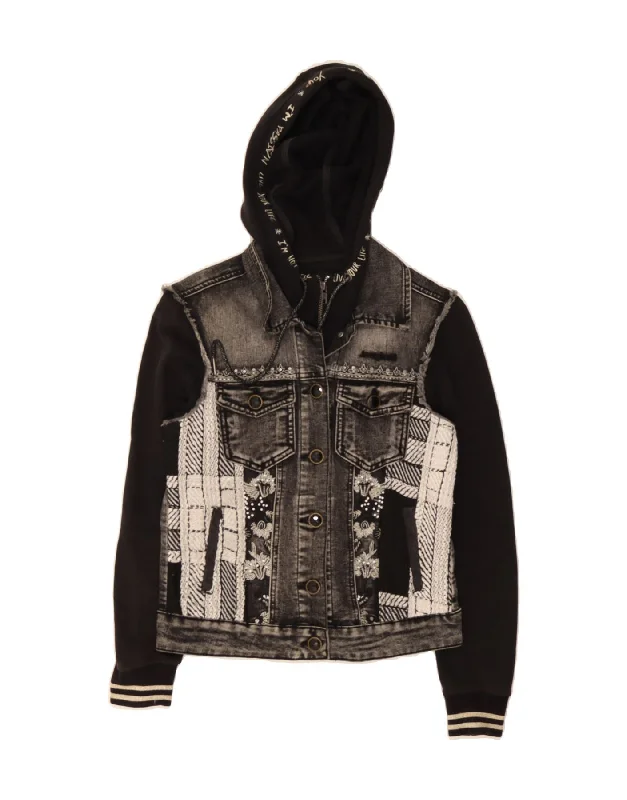 Women's Chic Outfit DESIGUAL Womens Hooded Denim Jacket EU 36 Small Black Colourblock Cotton Women's Chic Outfit DESIGUAL Womens Hooded Denim Jacket EU 36 Small Black Colourblock Cotton