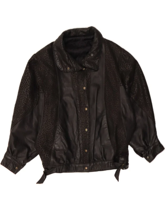 Big Sale Event VINTAGE Womens Leather Jacket UK 14 Medium Black Animal Print