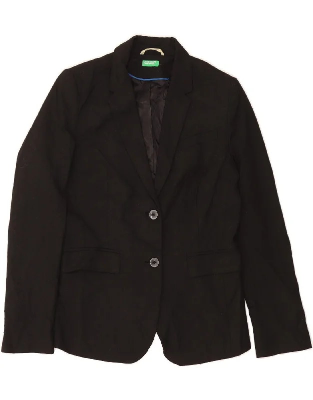 Athleisure Wear BENETTON Womens 2 Button Blazer Jacket UK 10 Small Black Polyester