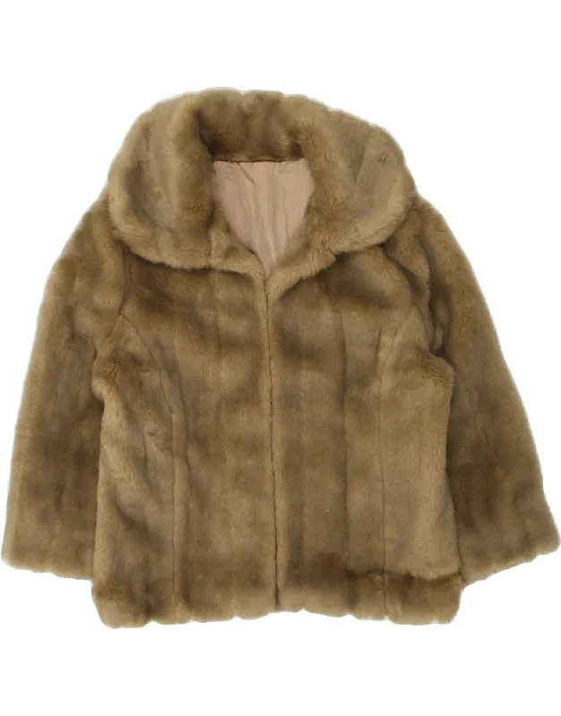 Women's Elegant Evening Attire VINTAGE Womens Faux Fur Jacket UK 10 Small Khaki