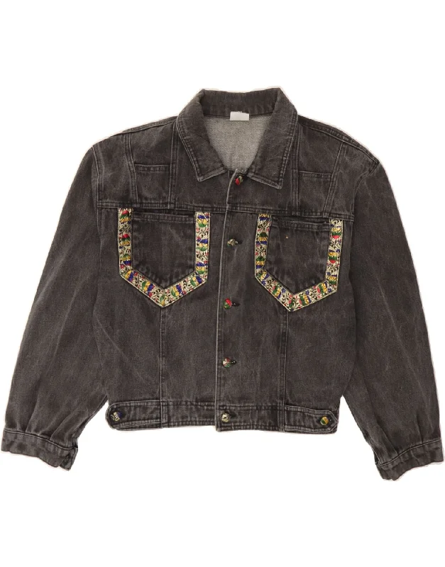 Women's Clothes For Special Occasions VINTAGE Womens Crop 3/4 Sleeve Denim Jacket UK 18 XL Grey Floral