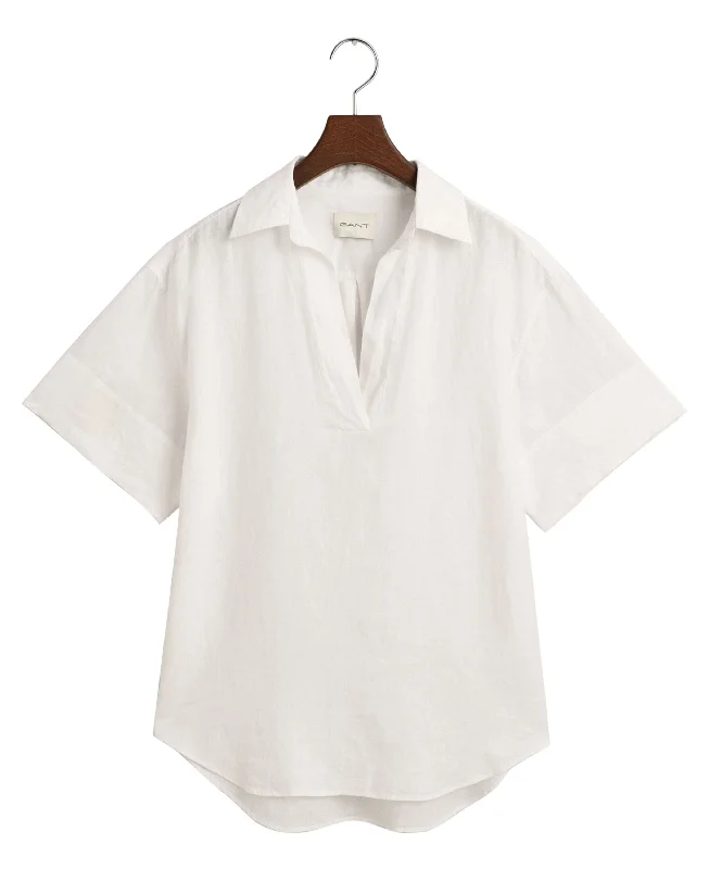 Women's Evening Clothing Relaxed Fit Linen Popover Short Sleeve Shirt - White