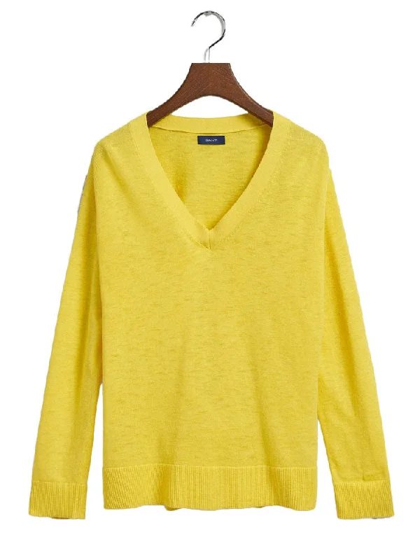 Clothes For Women Linen Blend V-Neck Sweater - Canary Yellow