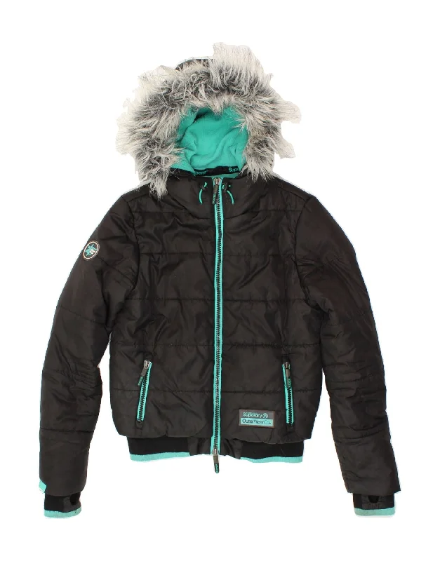 Women's Trendy Outfits SUPERDRY Womens Hooded Padded Jacket UK 14 Medium Black Polyester