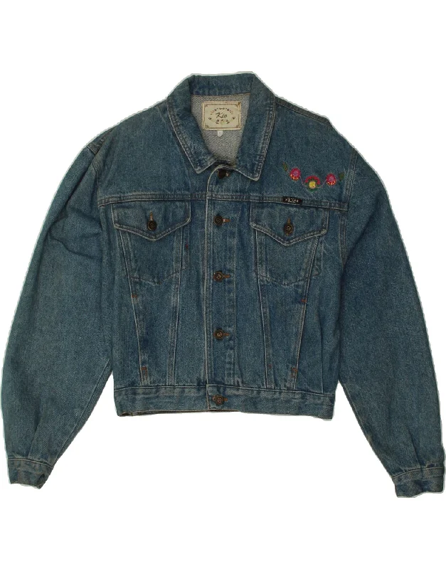 Modern Women's Apparel VINTAGE Womens Crop Denim Jacket UK 10 Small Blue Floral Cotton