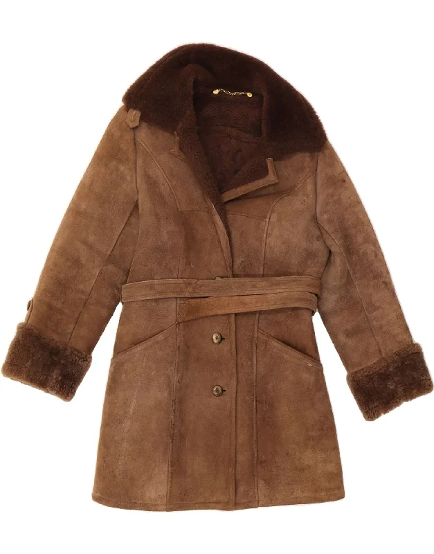Women's Athletic Clothes VINTAGE Womens Suede Sherpa Jacket UK 14 Large Brown Leather
