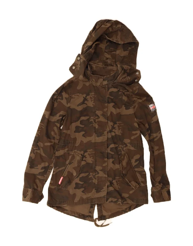 Boho Chic Fashion SUPERDRY Womens Hooded Military Jacket UK 14 Medium Brown Camouflage Army