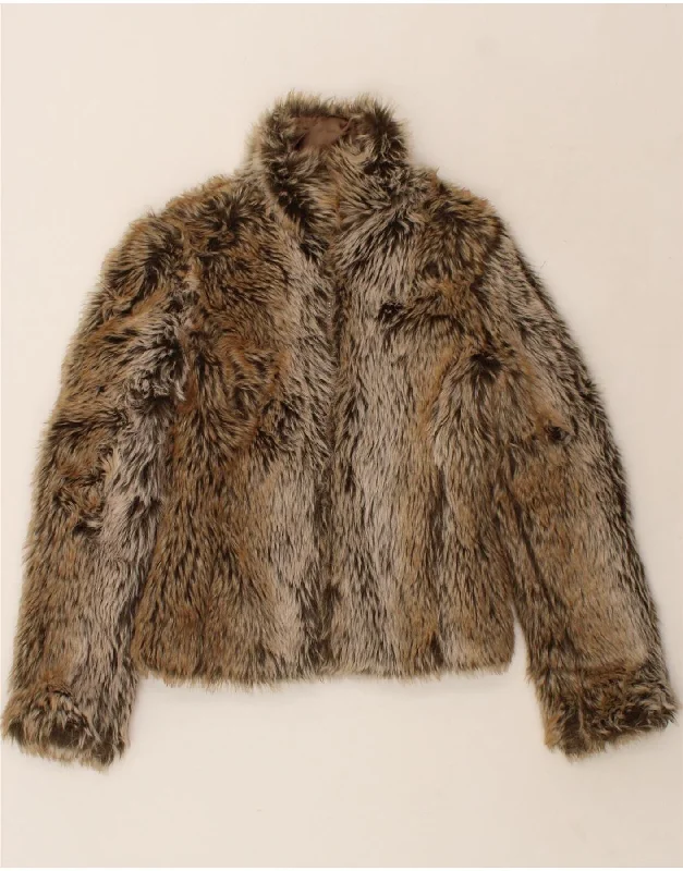 Women's Outerwear Apparel WAREHOUSE Womens Faux Fur Jacket UK 6 XS Brown Acrylic