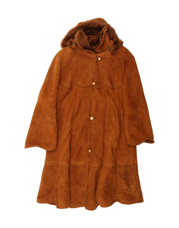 Weekend Sale VINTAGE Womens Hooded Shearling Coat UK 10 Small Brown Shearling