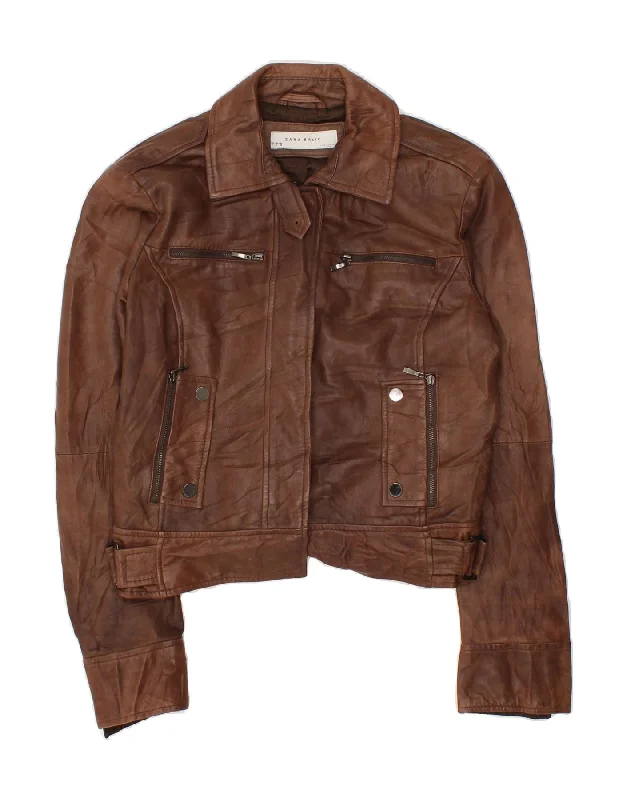 Women's Seasonal Clothes ZARA Womens Crop Leather Jacket UK 14 Large Brown Leather