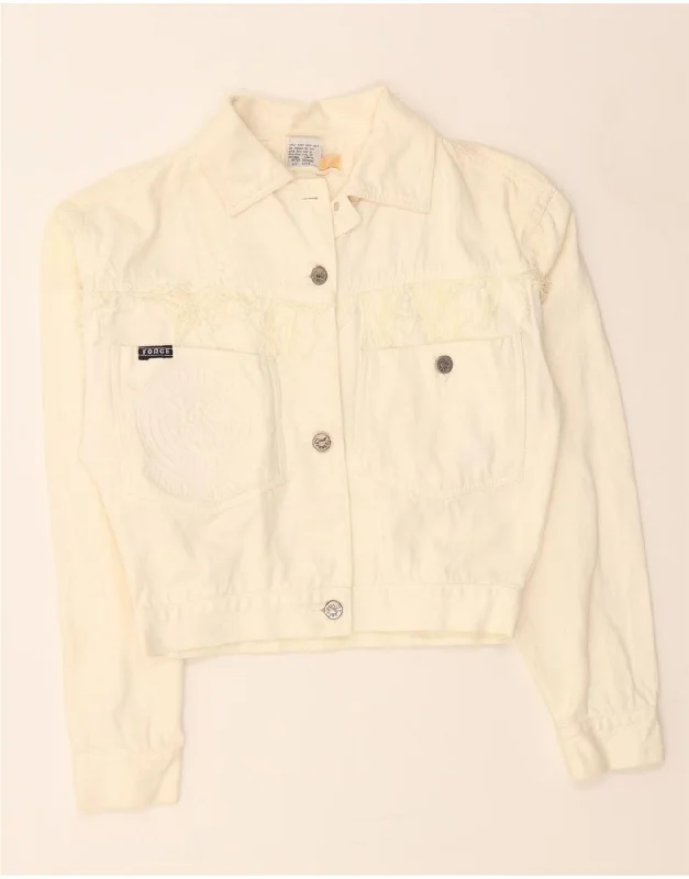 Woman Clothing VINTAGE Womens Graphic Crop Denim Jacket UK 8 Small Off White Cotton