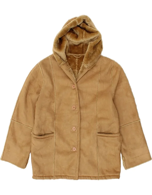 Women's Wardrobe Apparel VINTAGE Womens Hooded Sherpa Jacket UK 16 Large  Beige Polyester