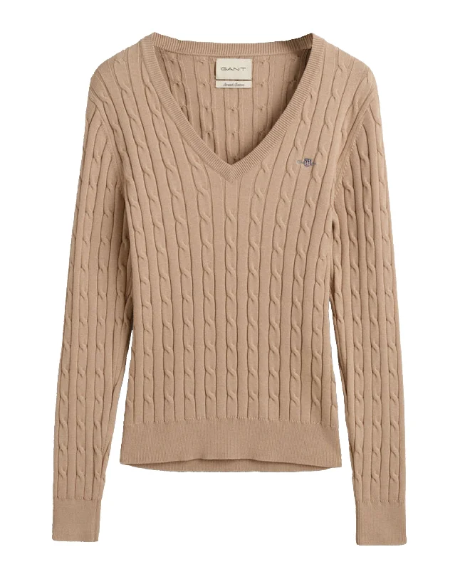 Stylish And Comfortable Clothing For Women Stretch Cotton Cable V-Neck Sweater - Dry Sand