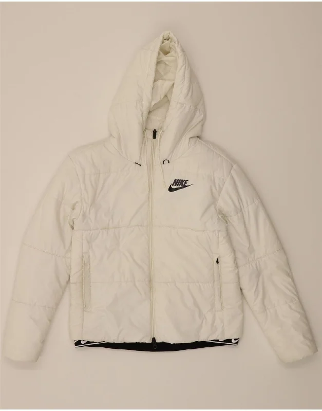 Easygoing Women's Style NIKE Womens Graphic Hooded Padded Jacket UK 10 Small White Polyester Easygoing Women's Style NIKE Womens Graphic Hooded Padded Jacket UK 10 Small White Polyester