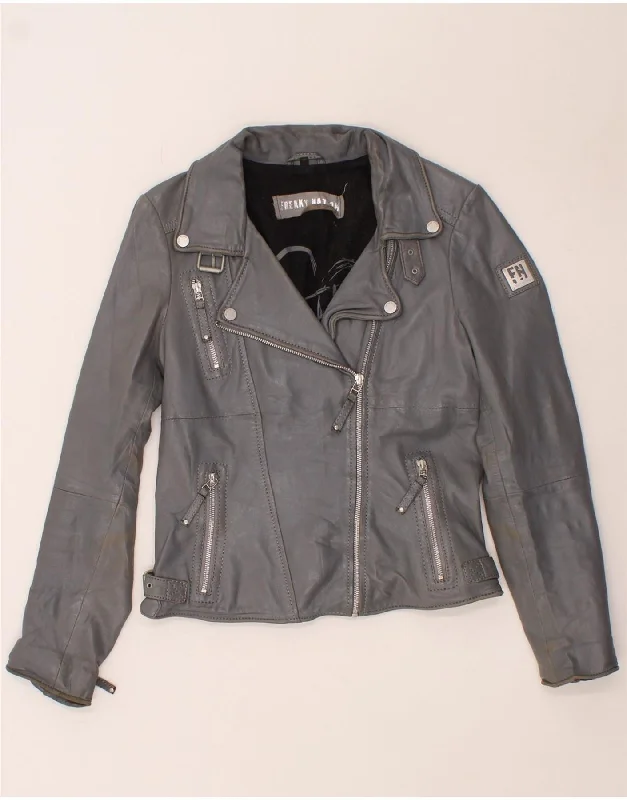 Plus Size Women's Fashion FREAKY NATION Womens Leather Biker Jacket UK 12 Medium Grey Leather