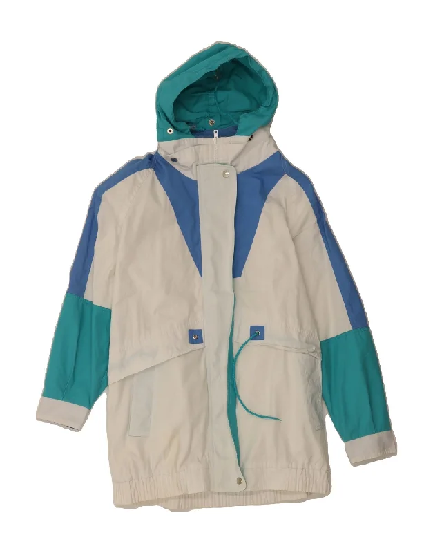 Women's Street Style Casual Wear VINTAGE Womens Hooded Windbreaker Jacket UK 14 Medium White Colourblock Women's Street Style Casual Wear VINTAGE Womens Hooded Windbreaker Jacket UK 14 Medium White Colourblock