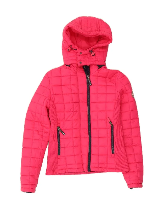Preppy Style SUPERDRY Womens Hooded Padded Jacket UK 10 Small Pink Polyester