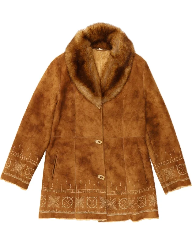 Women's Holiday Attire VINTAGE Womens Shearling Jacket UK 12 Medium Brown