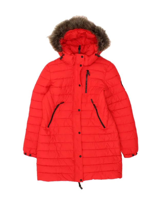 Women's Holiday Attire SUPERDRY Womens Hooded Padded Coat UK 12 Medium Red Polyester