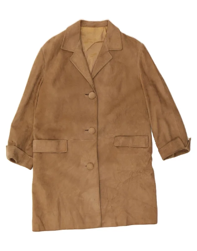 Women's Trendy Apparel VINTAGE Womens Suede Overcoat UK 12 Medium Brown Leather