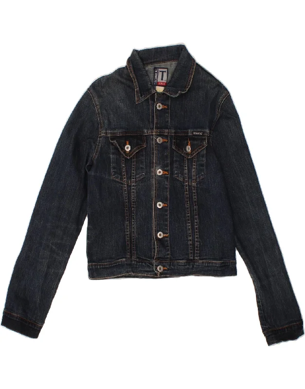 Women's Floral Print Outfit VINTAGE Womens Denim Jacket UK 14 Large Navy Blue Cotton