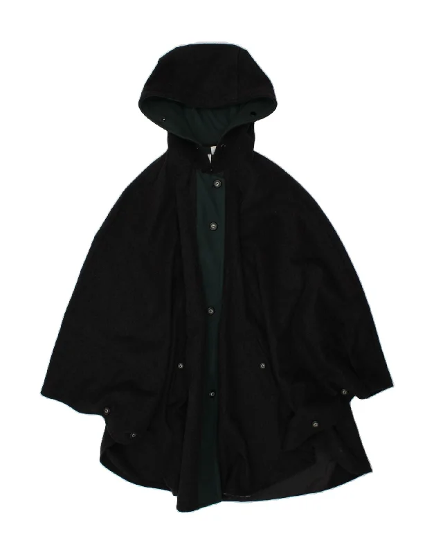 Women's Evening Apparel VINTAGE Womens Hooded Poncho Coat UK 24 4XL Black Virgin Wool