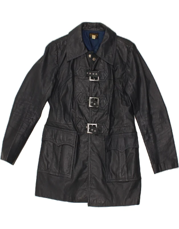 Timeless Elegance VINTAGE Womens Leather Coat IT 40 Medium Navy Blue Leather