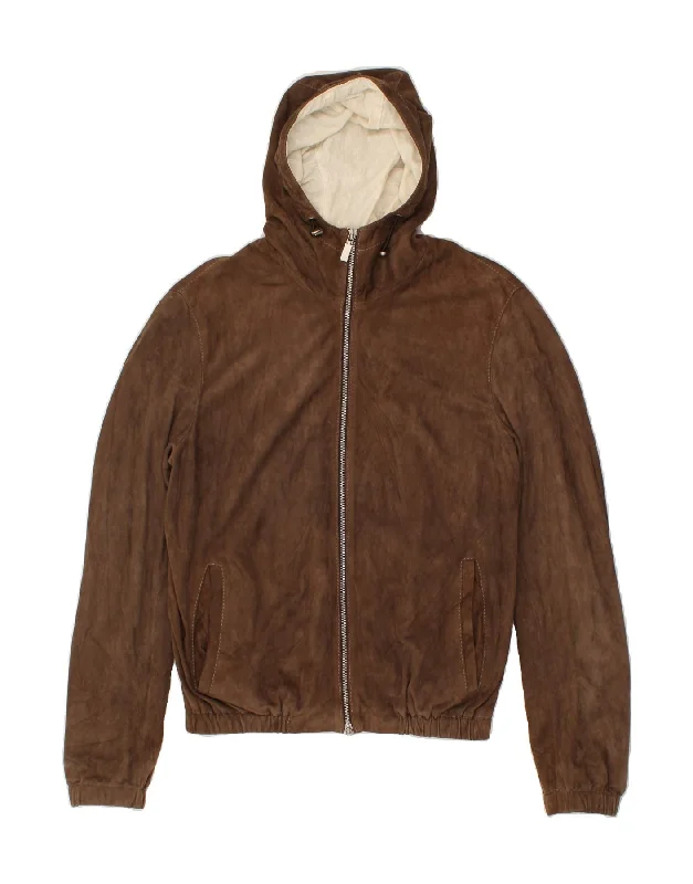Relaxed Fashion VINTAGE Womens Hooded Suede Jacket IT 50 XL Brown Leather