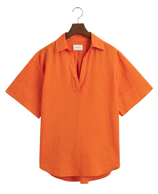 Casual Chic for Women Relaxed Fit Linen Popover Short Sleeve Shirt - Pumpkin Orange Casual Chic for Women Relaxed Fit Linen Popover Short Sleeve Shirt - Pumpkin Orange