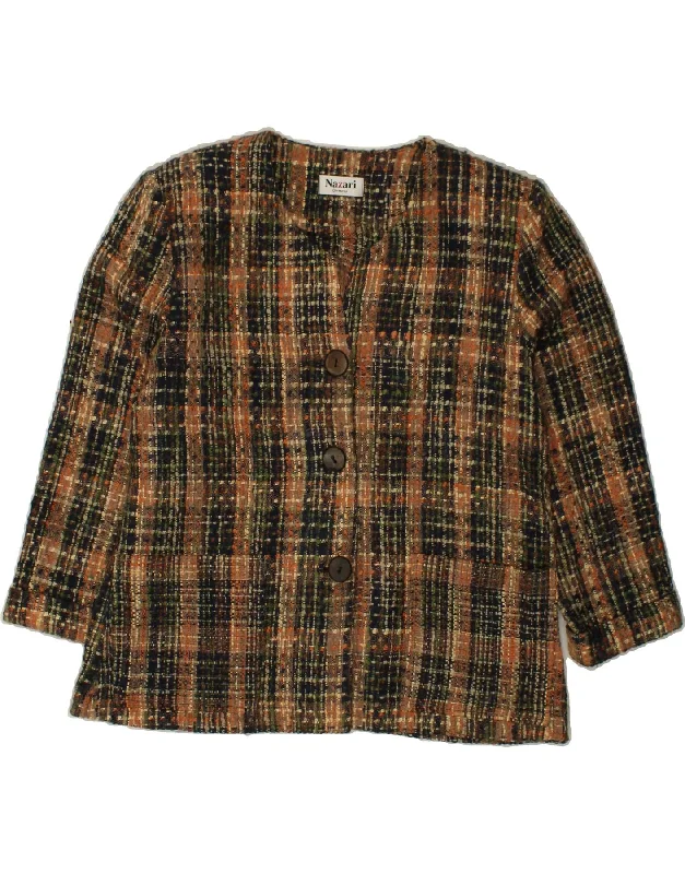 Chic Casual Style VINTAGE Womens 3 Button Blazer Jacket UK 14 Large Brown Check Cotton