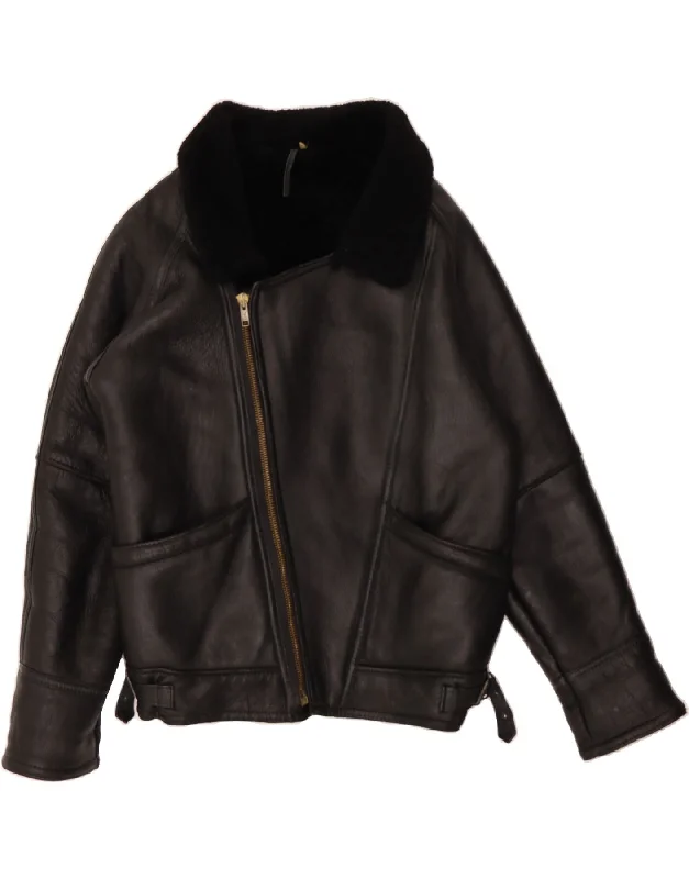 Women's Formal Event Clothing VINTAGE Womens Oversized Shearling Jacket IT 42 Medium Black Sheepskin